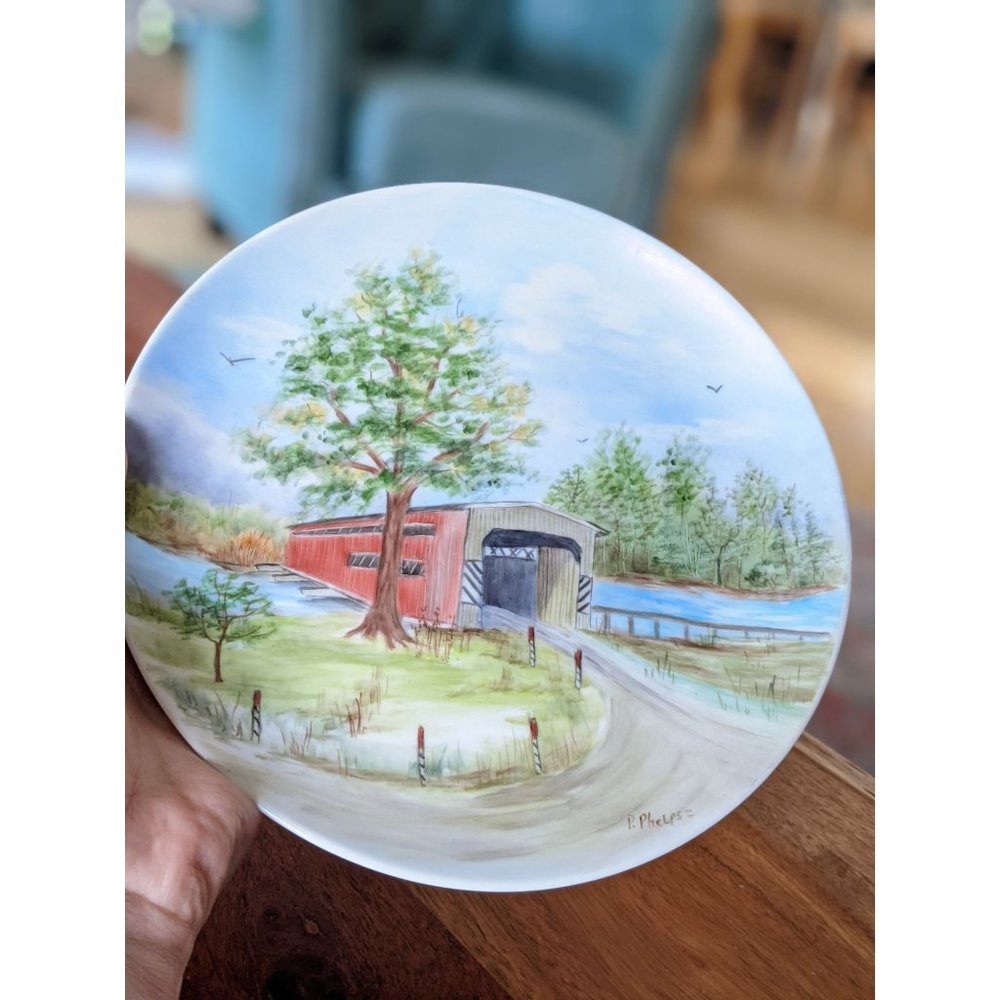 Hand-painted Red Covered Bridge Scene Decorative Plate Decor Trees Birds